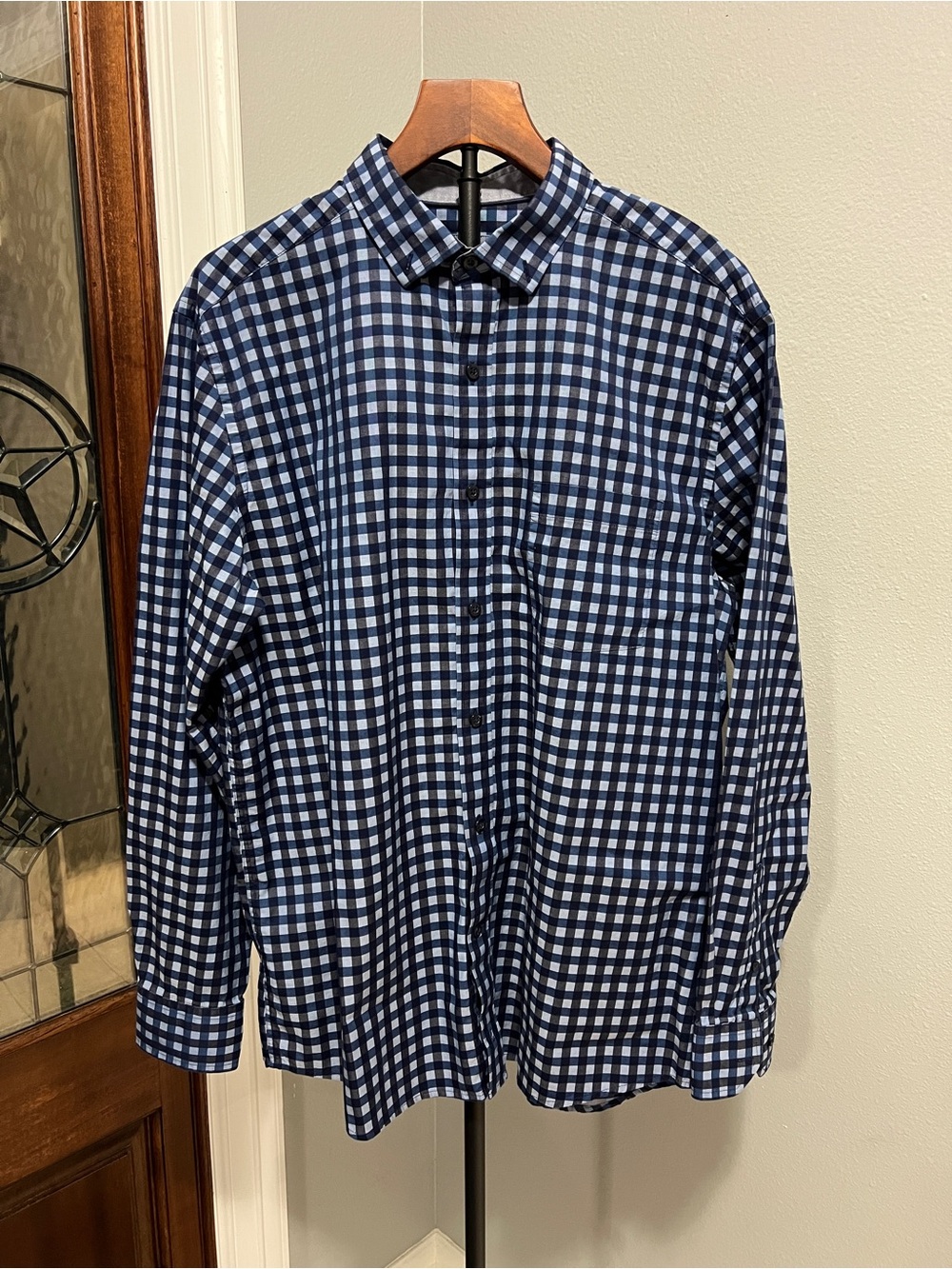 Johnston & Murphy Mens Large L Blue Gingham Plaid Button Down Shirt Cotton J&M